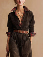 Retro dark brown suede patchwork plaid collared dress（Includes belt）