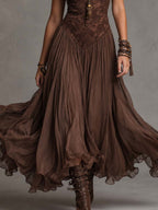 Dark Brown Lace-Paneled Chiffon Maxi Dress