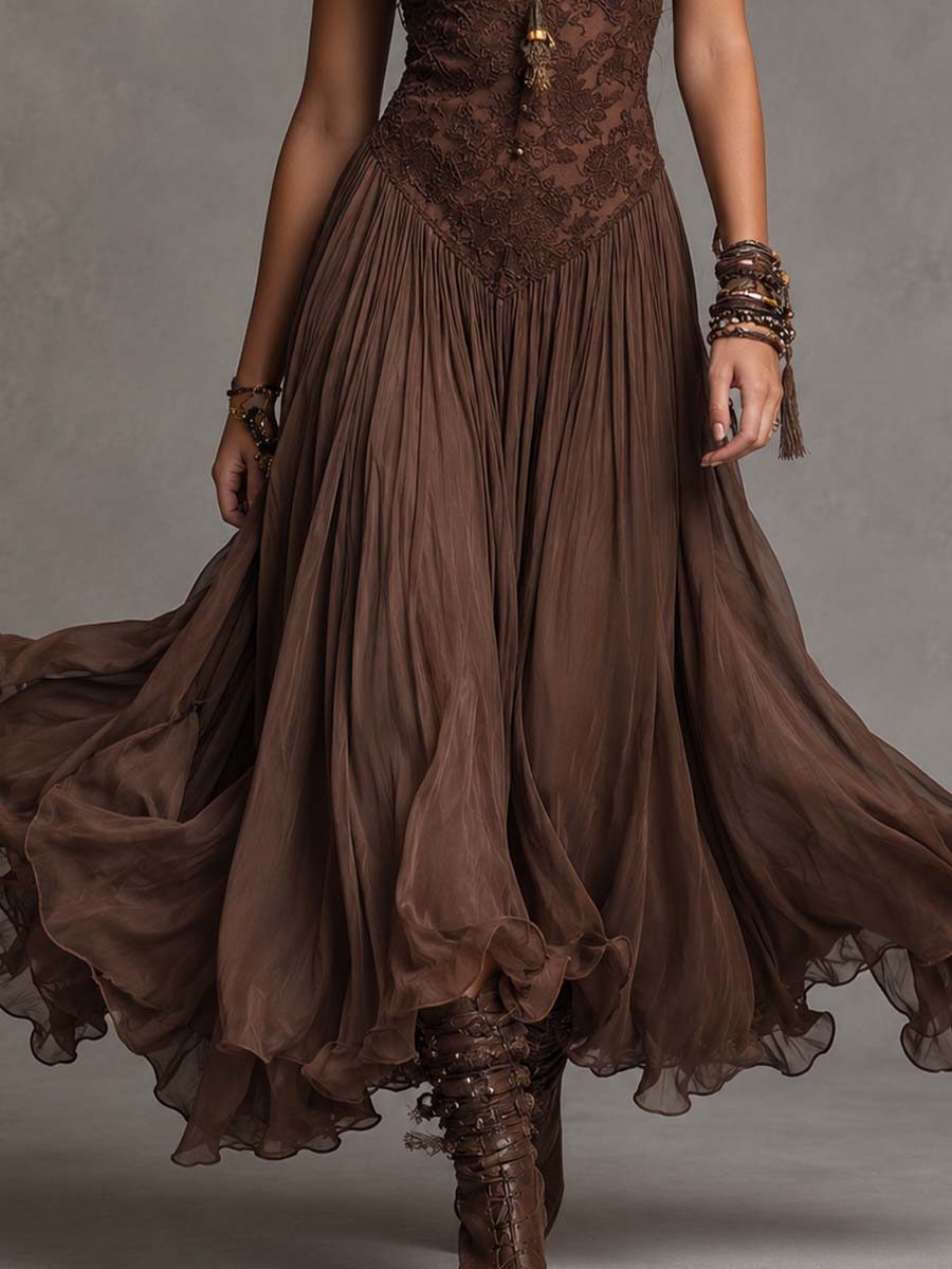 Dark Brown Lace-Paneled Chiffon Maxi Dress