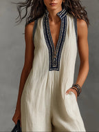 Minimalist stand-up collar zipper sleeveless jumpsuit