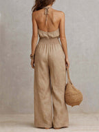Khaki Halter-Neck Waist-Cinching Jumpsuit