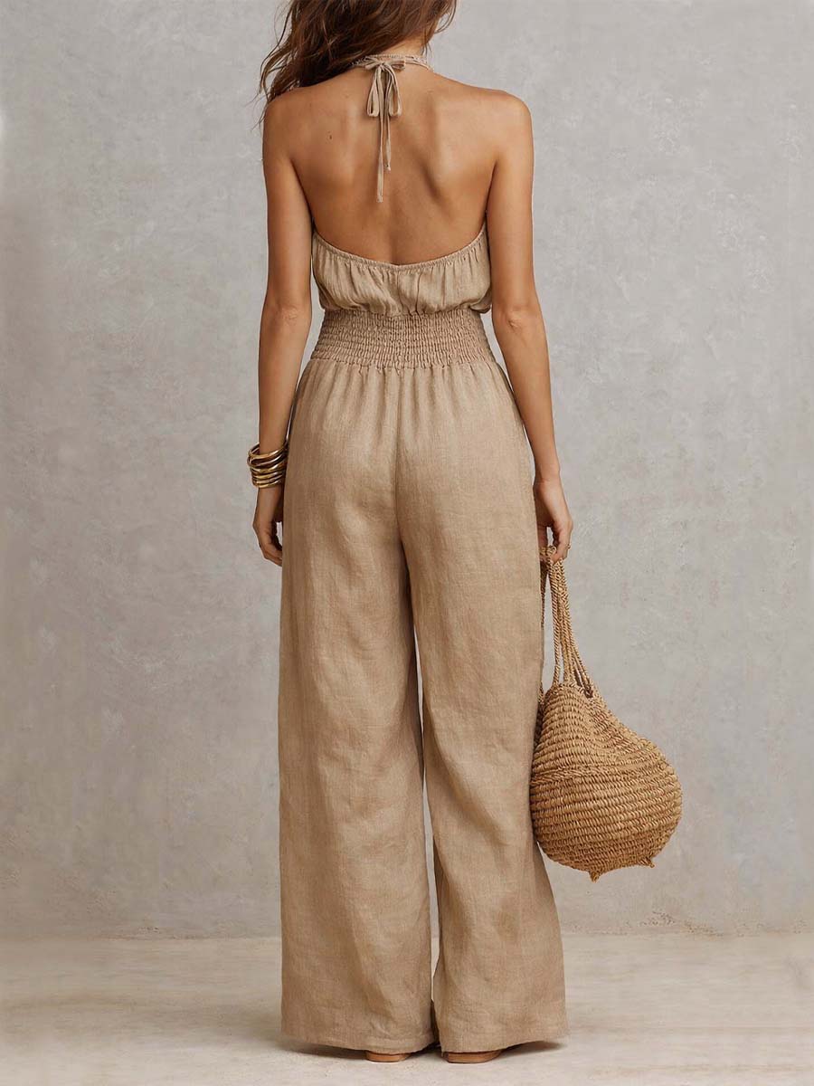 Khaki Halter-Neck Waist-Cinching Jumpsuit