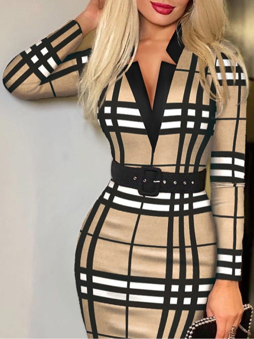 Stylish plaid V-neck bodycon long-sleeved sexy dress（Includes belt）