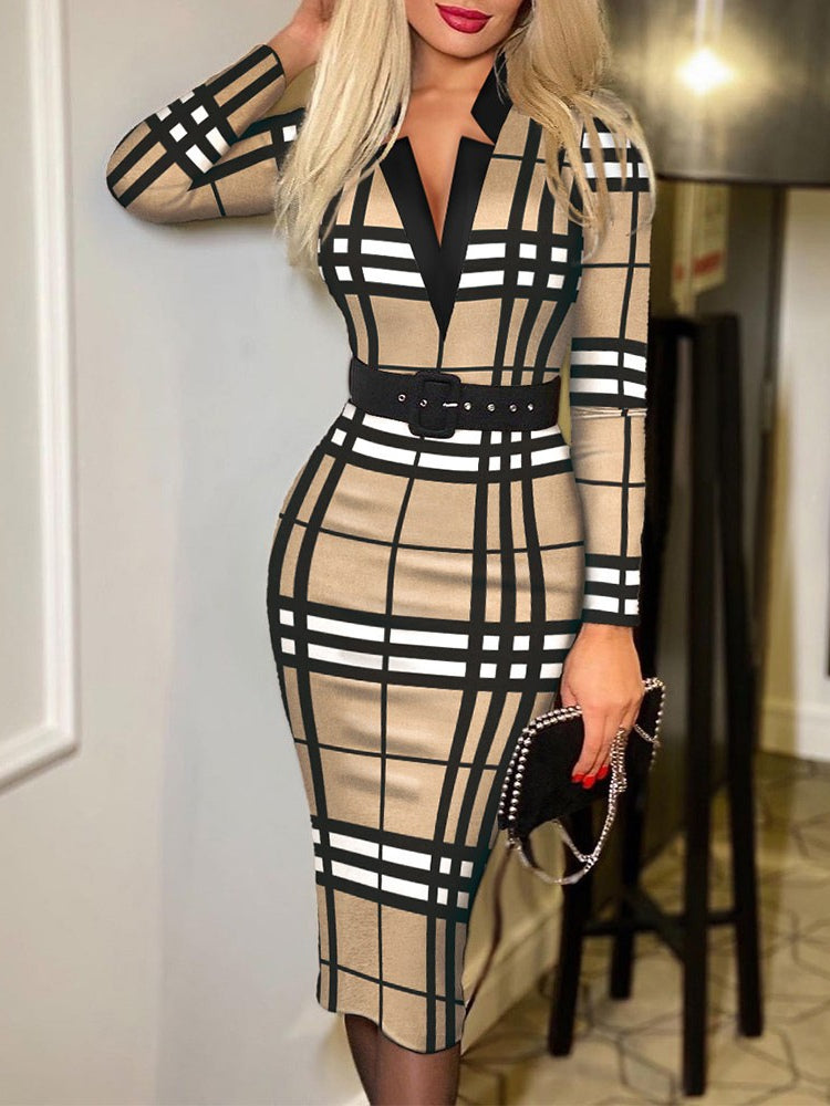 Stylish plaid V-neck bodycon long-sleeved sexy dress（Includes belt）
