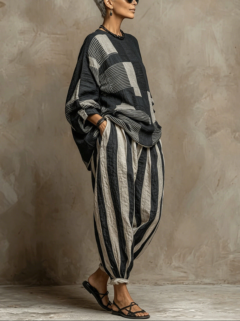 Casual Color-Block Printed Long-Sleeve Top And Pants Set