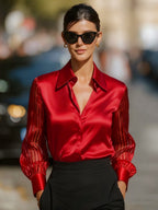 Black Spliced Satin Long-sleeved Loose-fitting Shirt