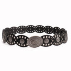 Oval stitching waist belt with large round pattern alloy buckle