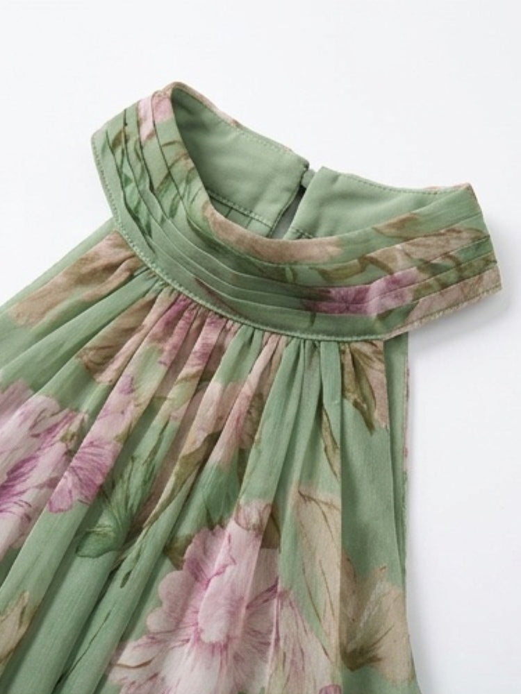 Green Floral Chiffon Halter Maxi Dress