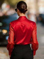 Black Spliced Satin Long-sleeved Loose-fitting Shirt