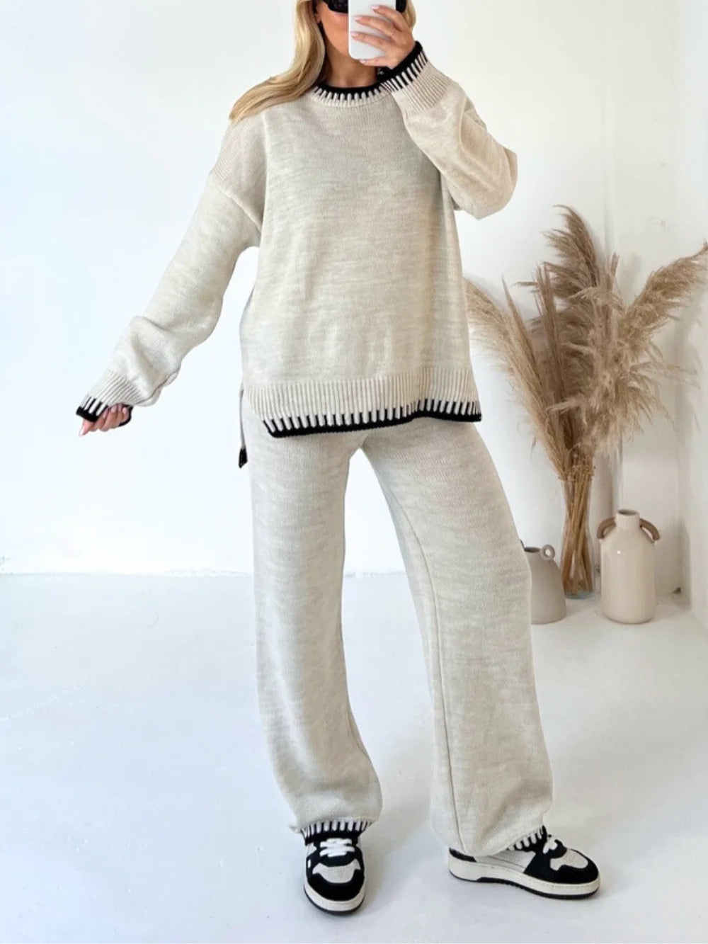 Casual color-blocked solid color sweater loose two-piece set