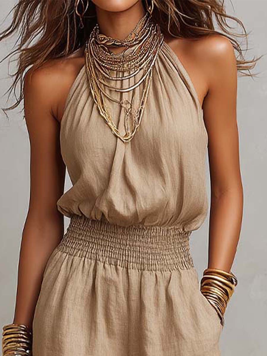 Khaki Halter-Neck Waist-Cinching Jumpsuit