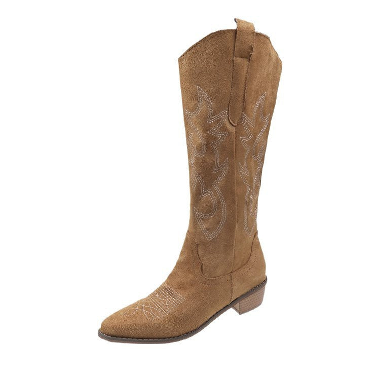 Embroidered Denim High-top Chunky-heeled Western Boots