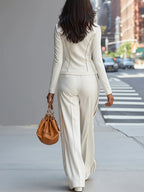White stand-up collar zip-up wide-leg pant set