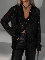 Stylish Sequined Collared Long-sleeved Shirt