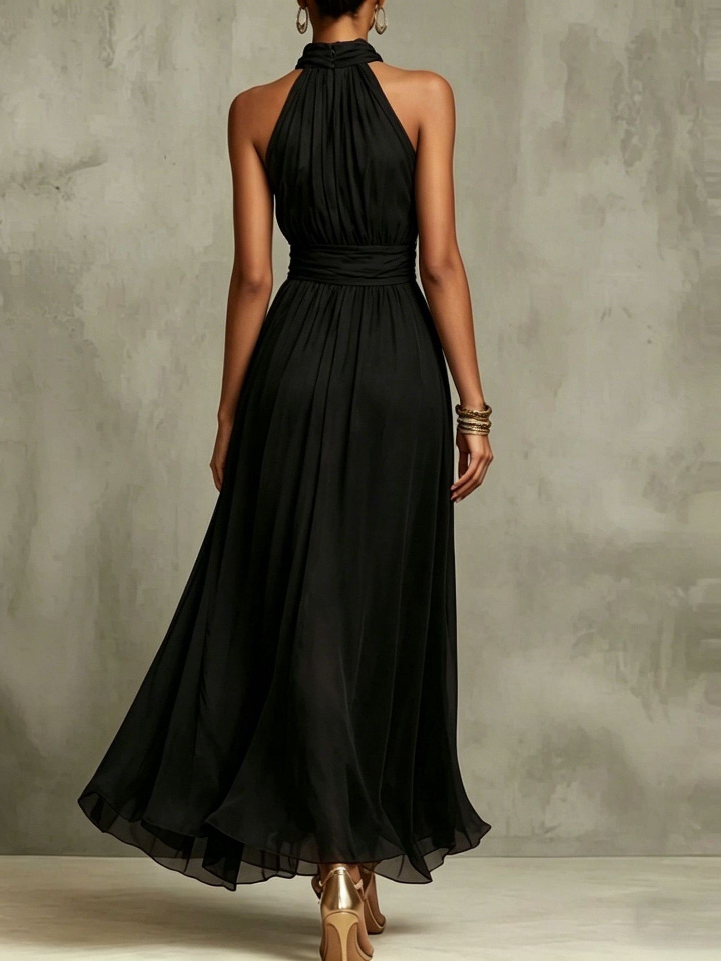 Solid Color Chiffon Halter Maxi Dress