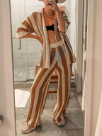 Loose V-Neck Fashion Hollow Out Striped Shirt Wide Leg Pants Set
