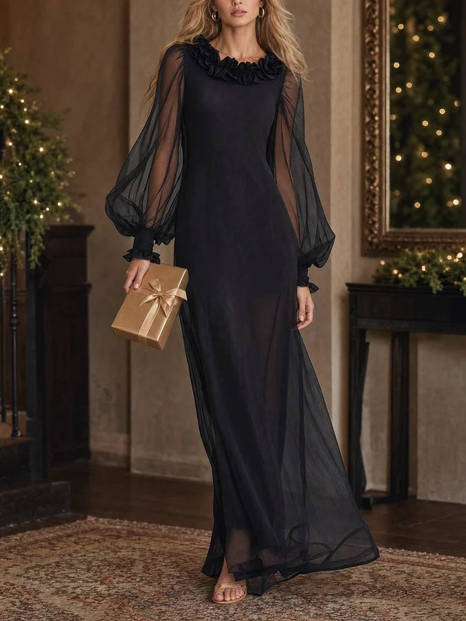 Black Sheer Organza Maxi Dress Ruffle Neck Puff Long Sleeve Lined Flowy Evening Gown