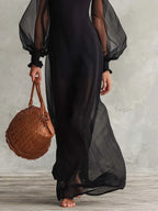 Black Sheer Organza Maxi Dress Ruffle Neck Puff Long Sleeve Lined Flowy Evening Gown