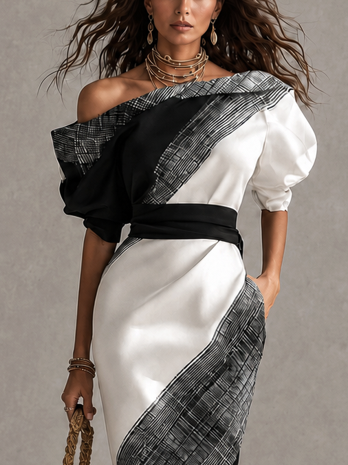 Black White Color Block Off Shoulder Puff Sleeve Satin Midi Dress