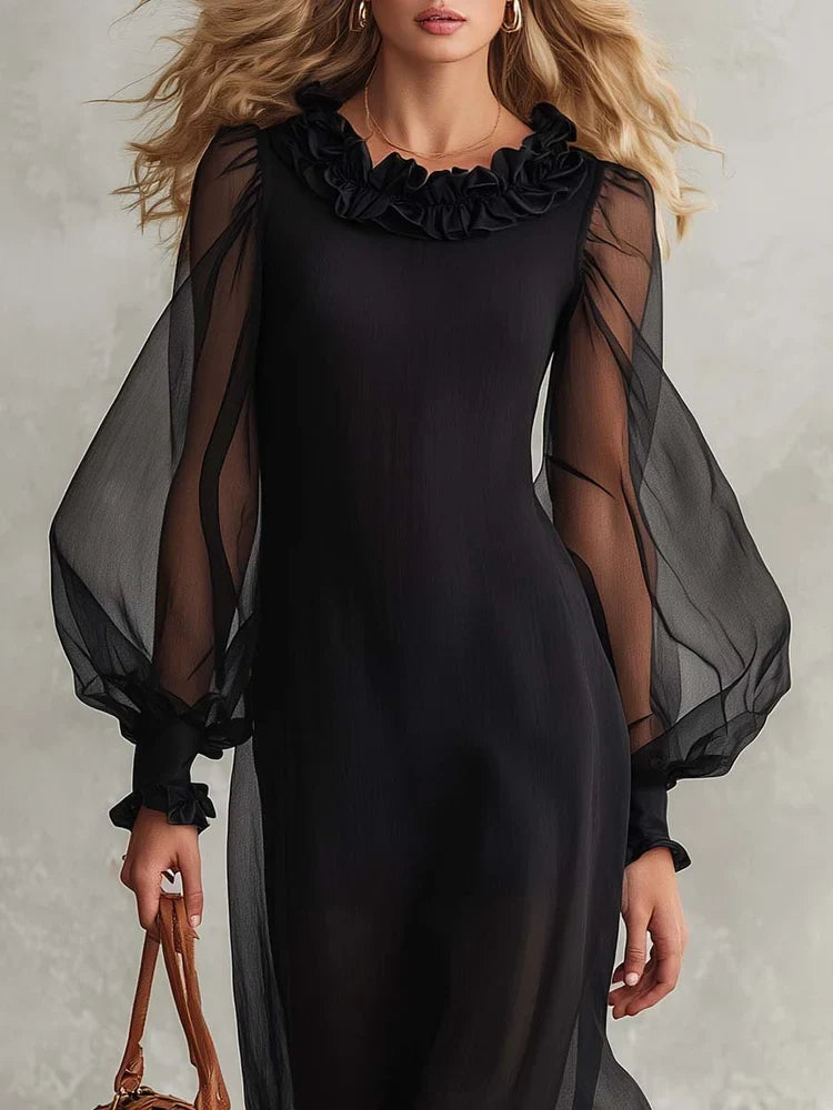 Black Sheer Organza Maxi Dress Ruffle Neck Puff Long Sleeve Lined Flowy Evening Gown