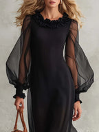 Black Sheer Organza Maxi Dress Ruffle Neck Puff Long Sleeve Lined Flowy Evening Gown