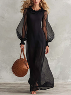 Black Sheer Organza Maxi Dress Ruffle Neck Puff Long Sleeve Lined Flowy Evening Gown