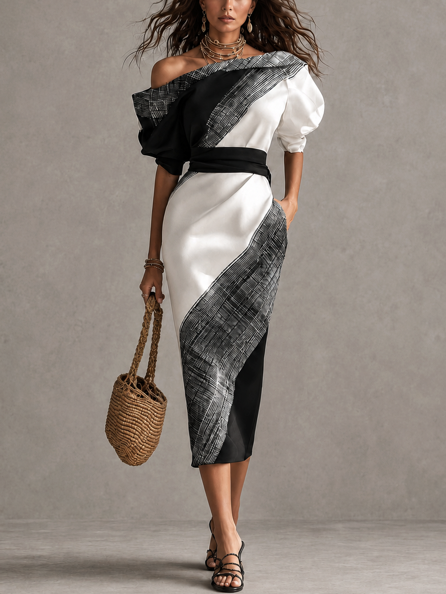 Black White Color Block Off Shoulder Puff Sleeve Satin Midi Dress