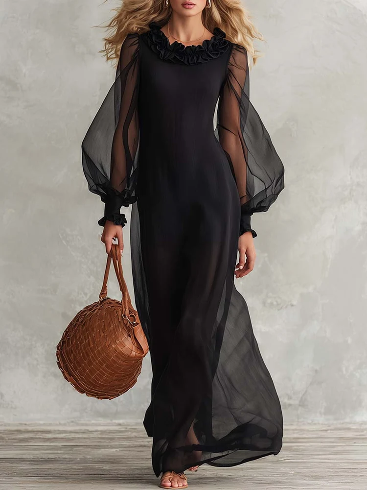 Black Sheer Organza Maxi Dress Ruffle Neck Puff Long Sleeve Lined Flowy Evening Gown