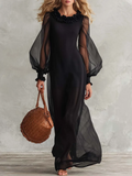 Black Sheer Organza Maxi Dress Ruffle Neck Puff Long Sleeve Lined Flowy Evening Gown