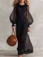 Black Sheer Organza Maxi Dress Ruffle Neck Puff Long Sleeve Lined Flowy Evening Gown
