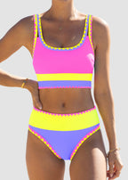 Color Contrast Patchwork Nylon Sporty 3 Piece Bikini Sets