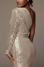 One-shoulder Wrapped Sequins Evening Dress