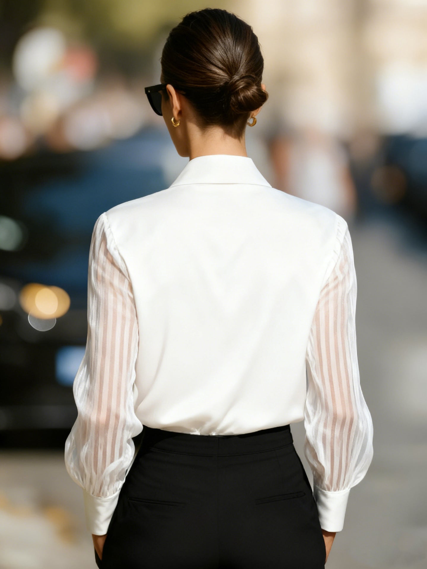 Black Spliced Satin Long-sleeved Loose-fitting Shirt