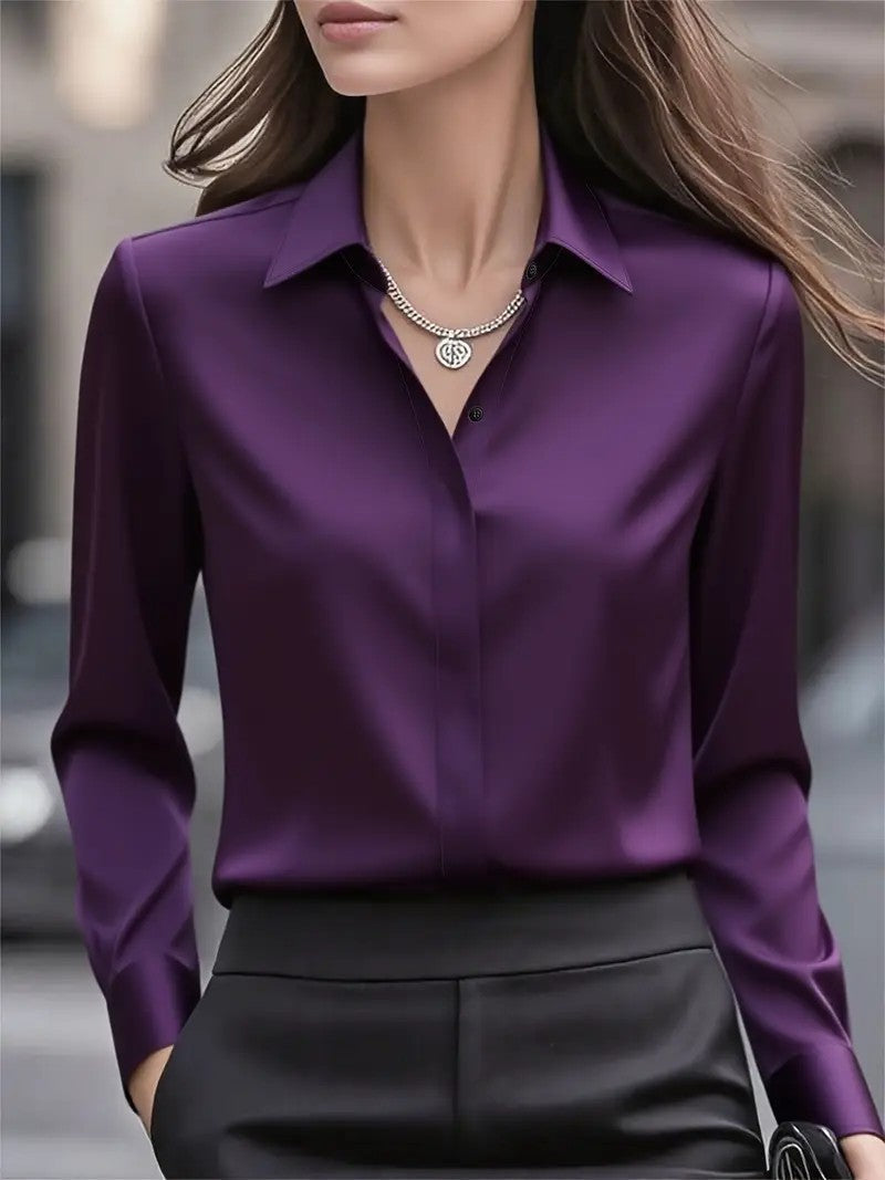 Solid color long-sleeved versatile shirt with lapel satin shirt