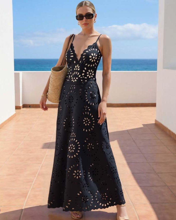 Black Laser Cutting Flower Hollow One Piece Swimsuit and Skirt