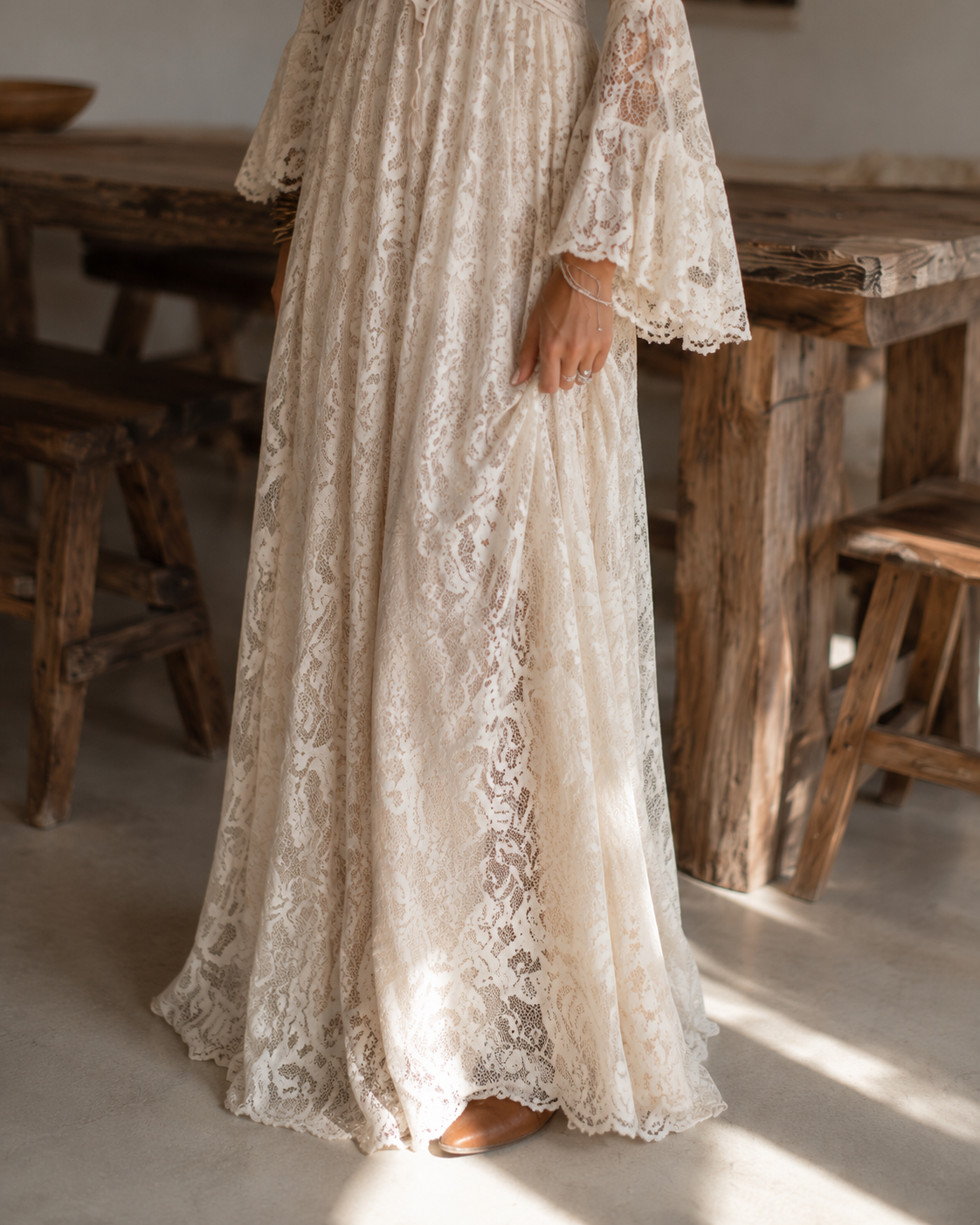 Apricot Lace V-neck Bell Sleeve Bohemian Maxi Dress
