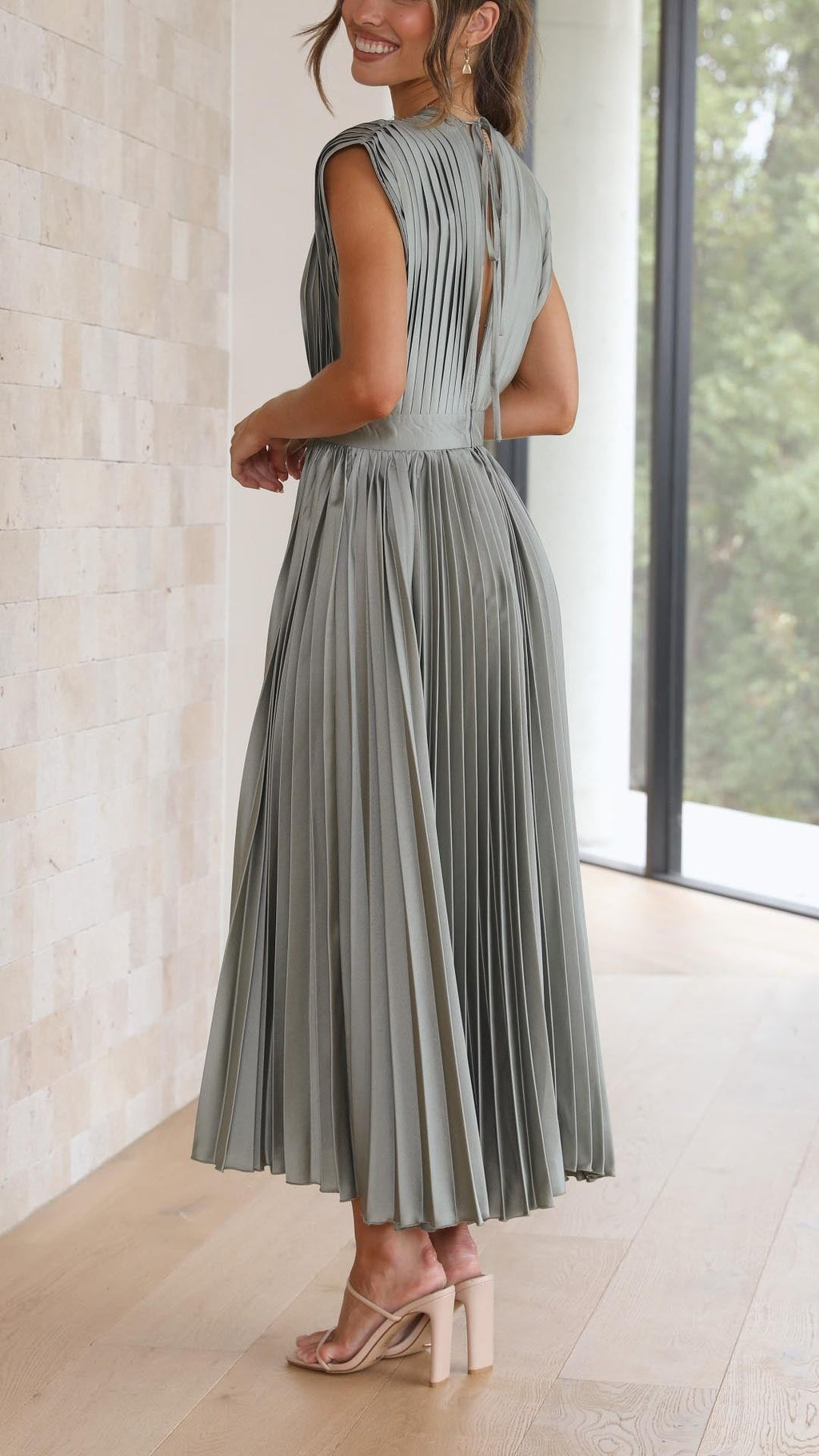 Elegant Satin Pleated V-neck Flowing Midi Dress