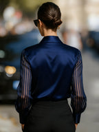 Black Spliced Satin Long-sleeved Loose-fitting Shirt