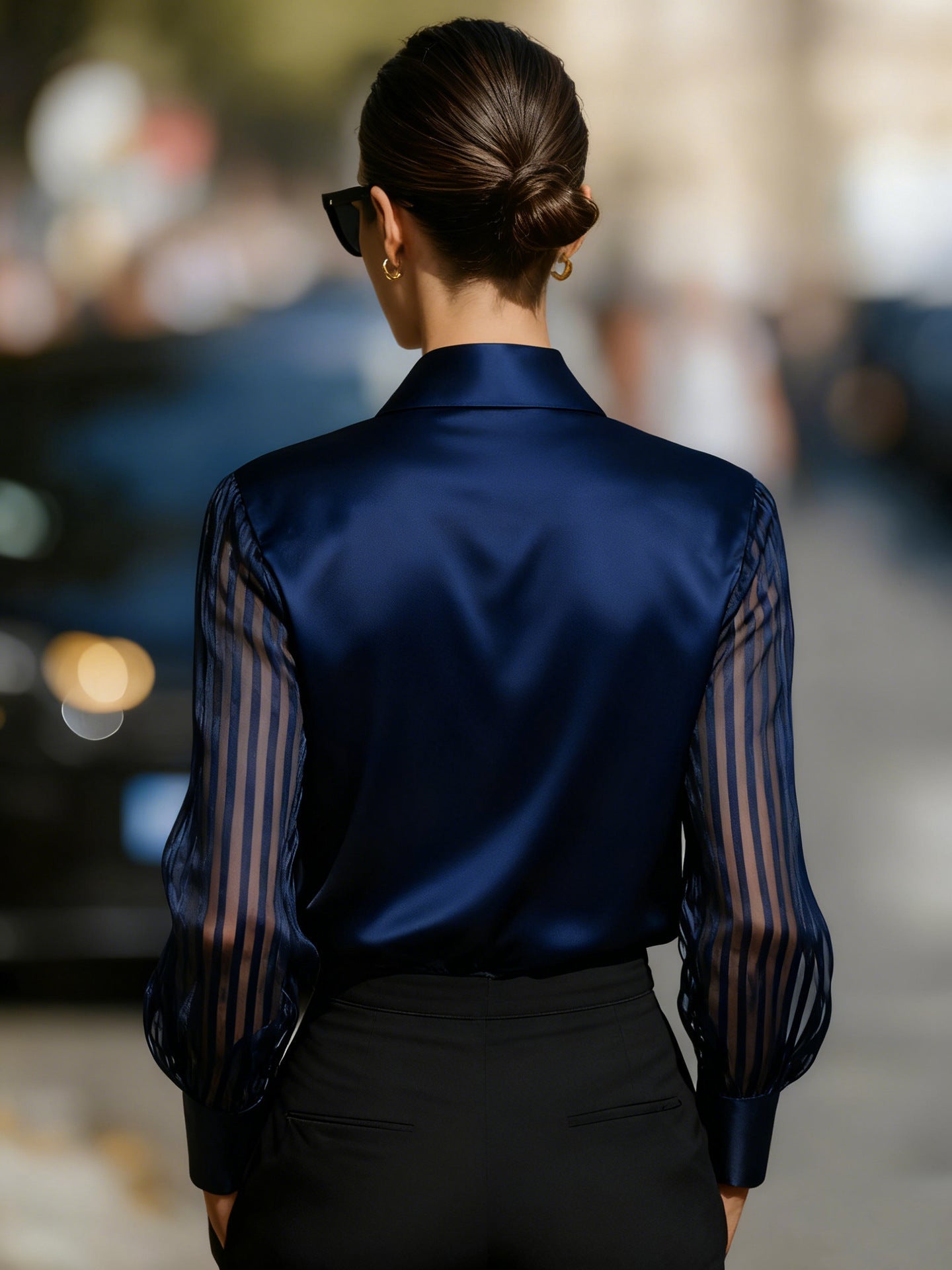 Black Spliced Satin Long-sleeved Loose-fitting Shirt