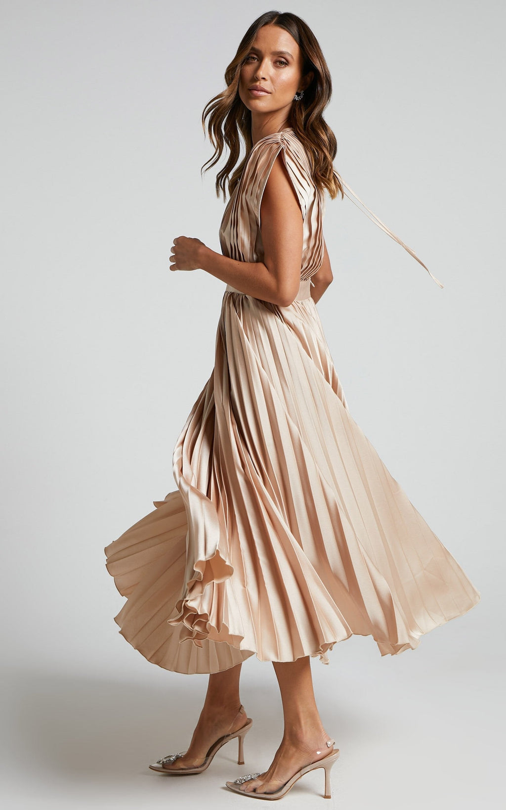 Elegant Satin Pleated V-neck Flowing Midi Dress