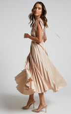 Elegant Satin Pleated V-neck Flowing Midi Dress