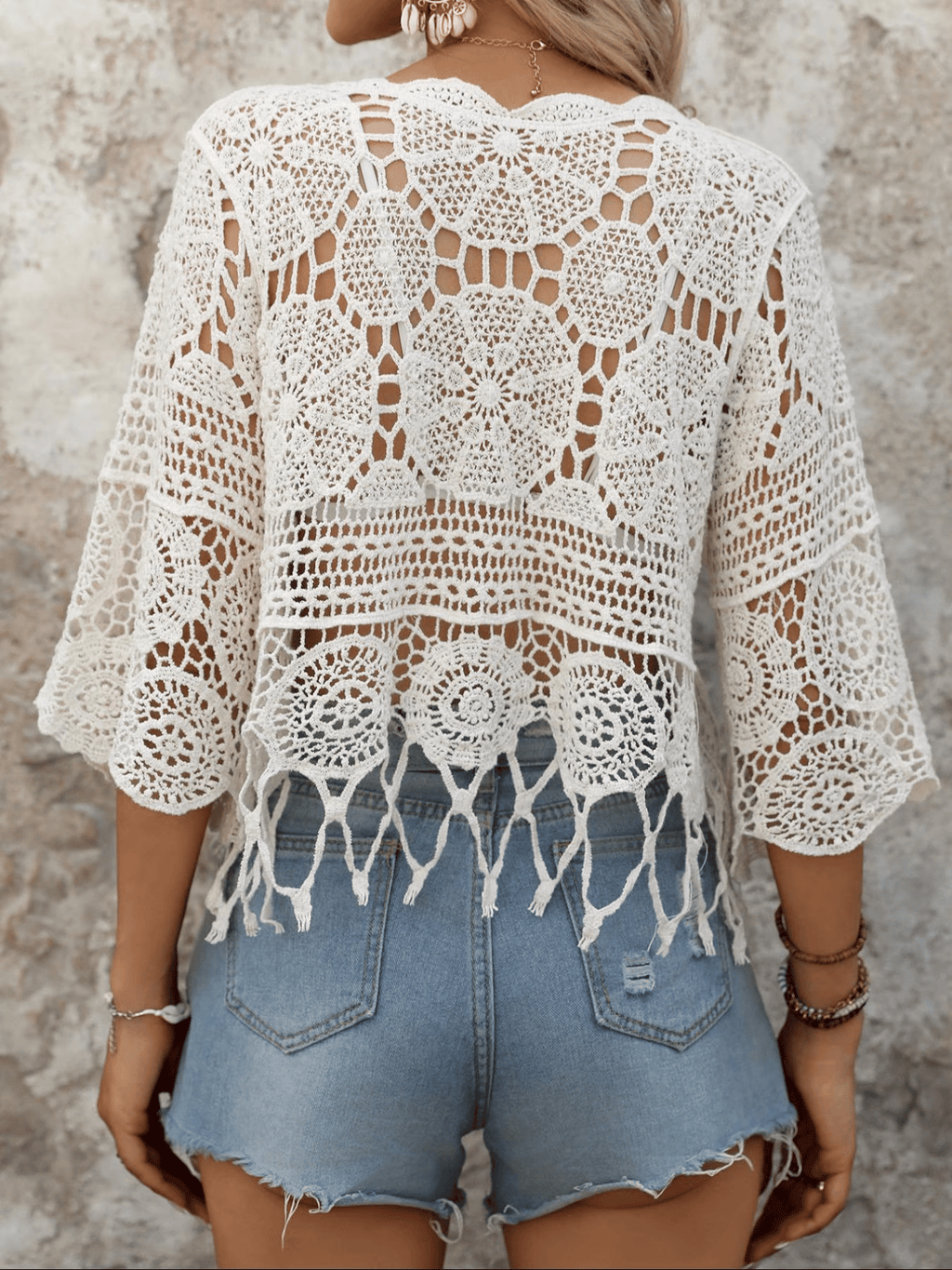 Bohemian Openwork Fan-shaped Trim Three-quarter Sleeve Cover-up Top