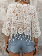Bohemian Openwork Fan-shaped Trim Three-quarter Sleeve Cover-up Top