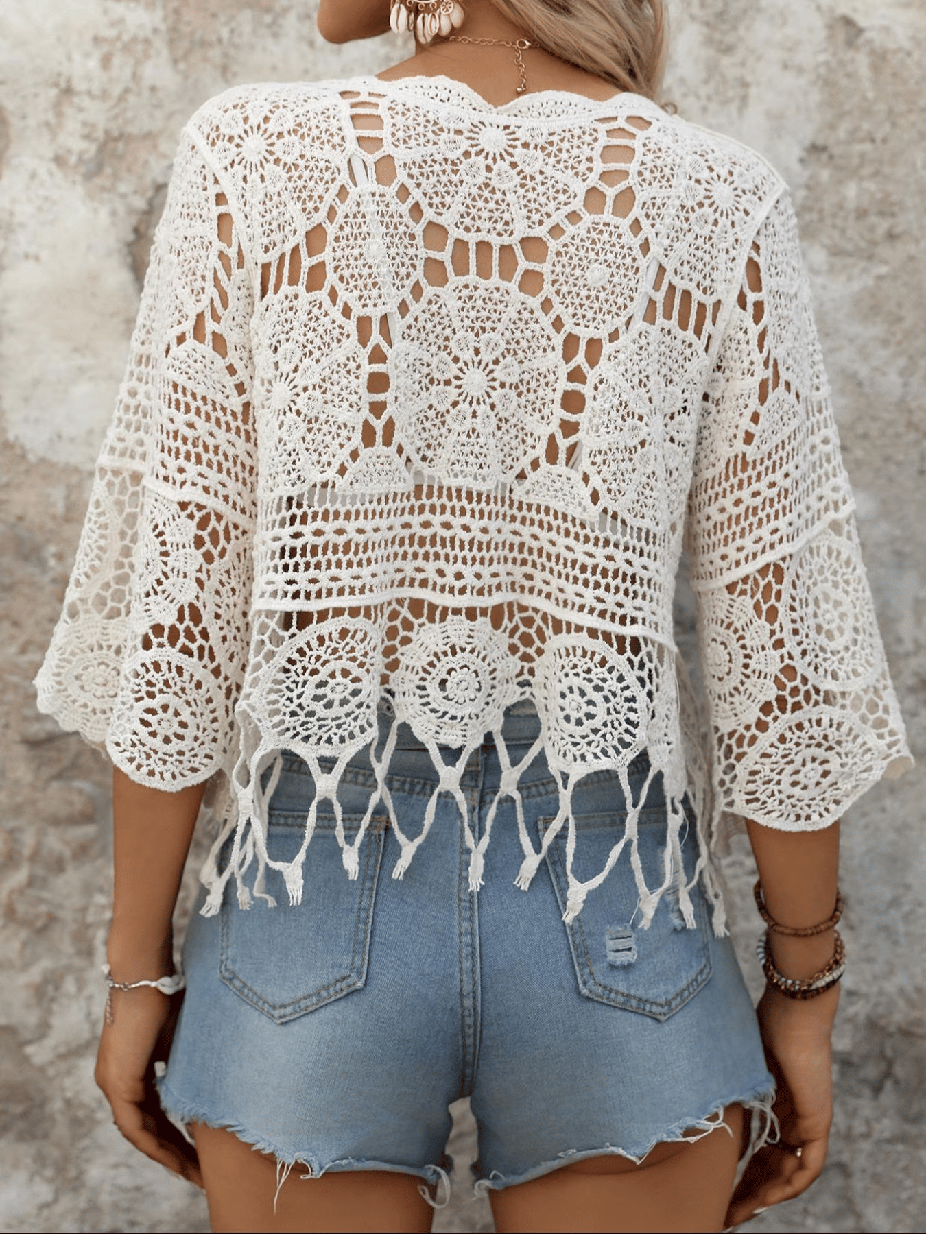 Bohemian Openwork Fan-shaped Trim Three-quarter Sleeve Cover-up Top