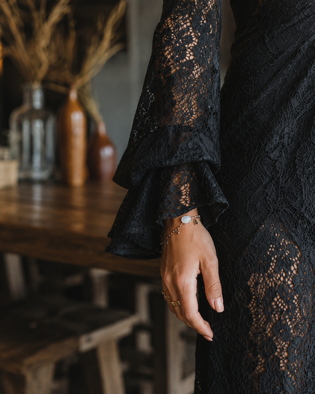 Gothic Black Lace Fitted V-Neck Flared Sleeve Maxi Dress
