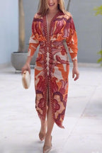 Unique Print Dolman Long Sleeve Ruched Slit Midi Dress