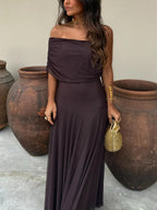 Brown One Shoulder Mesh Maxi Dress