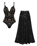 Black Laser Cutting Flower Hollow One Piece Swimsuit and Skirt