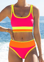 Color Contrast Patchwork Nylon Sporty 3 Piece Bikini Sets