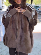 Plush Hooded Vertical Stripe Printed Casual Coat